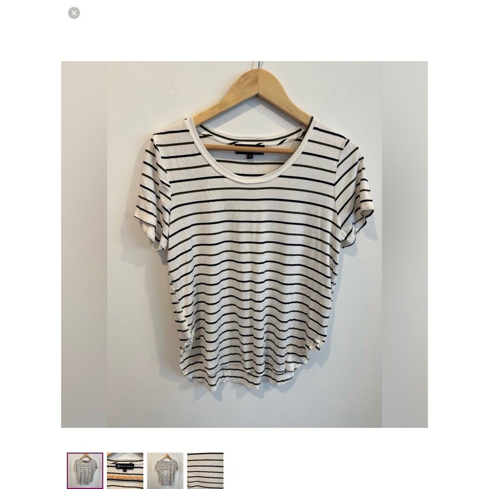 WANTABLE Striped High Low Tee Olive Green Navy Blue Crew Neck Top Size Medium - Picture 3 of 7